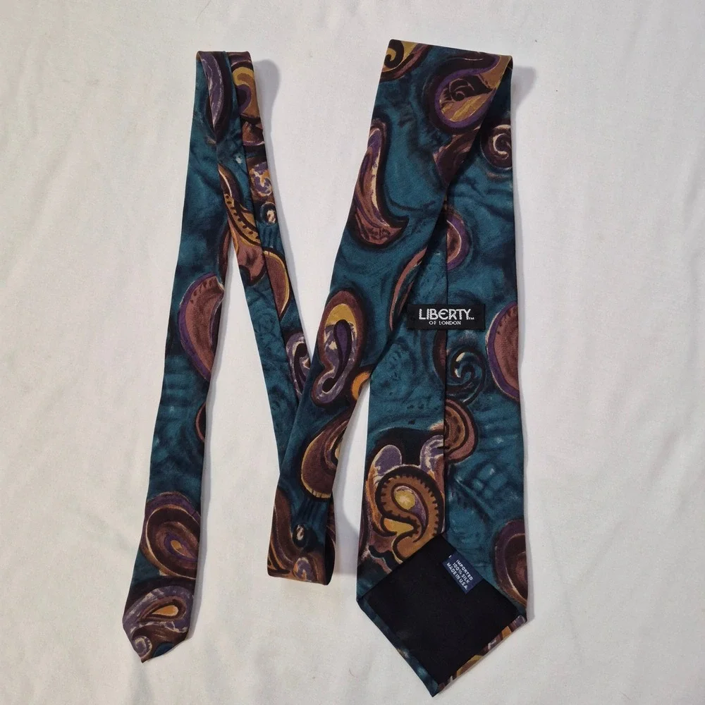 Liberty of London Tie Mens Teal Purple Gold Abstract Paisley Silk Necktie USA
